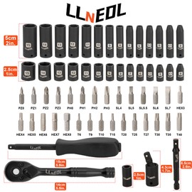 LLNEDL 1/4 inch Impact Socket Set, 63 Piece Drive Socket Wrench Set Metric (4-15mm) Deep and Shallow 6 Point, Automotive Tool Kit with 72T Ratchet for Bicycle & Car Repairing