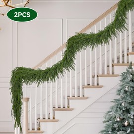 Katflyee 2Pcs 6ft Christmas Norfolk Pine Garland Real Touch, Realistic Christmas Cedar Garland, Artificial Faux Greenery Garlands for Table, Fireplace, Mantle, Stair Railings, Outdoor