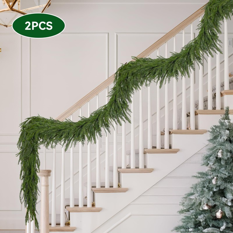 Katflyee 2Pcs 6ft Christmas Norfolk Pine Garland Real Touch, Realistic