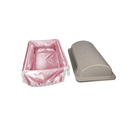 Loving touch elegant casket/vaults built with High Strength Non-biodegradable materials with a plush interior bedding available in Small, Medium, Large and 3 color options. (Med, Pink)