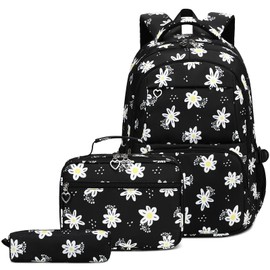 Joyfulife Daisy Prints Backpack and Lunch Box for Girls, Kids Backpack for Girls Elementary Primary Middle School Bags Teen Bookbags Backpack with Lunch Box and Pencil Case