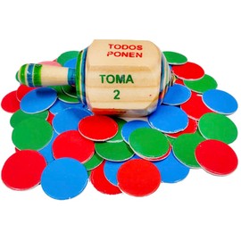 More Fiesta Pirinola Toma Todo de Madera Grande con Fichas - Tamaño 7.5 CM de Alto
