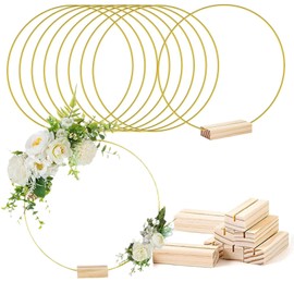 8 Set Metal Floral Ring Wreath Hoops,12 Inch with 8 Wooden Stands for Making Wedding Wreath Decor DIY Dream Catcher Wall Hanging Crafts (Gold)