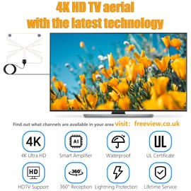 4K HD TV Aerial - Amplified Digital HDTV Aerial with Signal Booster for Local Channels - 360° Long Reception Indoor Aerial Support All Types TV