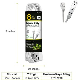 GoGreen Power Inc. (G-19608-2) 16/3 8' 3-Outlet Extension Cord, White, 8ft, 2 Pack