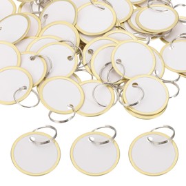 PATIKIL 1.2 Inch Metal Rim Key Tags 50 Pack Blank Round Paper Tags Bulk Writable Keychain Identifiers with Split Rings for Car Door Drawer Key Luggage Pet, Gold/White