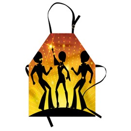 Ambesonne 70s Party Apron, Dancing People in Disco Night Club with Afro Hair Style Bokeh Backdrop, Small Apron Bib with Adjustable Ties for Baking Painting, Small Size, Orange Yellow Black