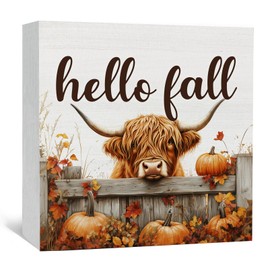 Nitelat Fall Highland Cow Sign - Fall Farmhouse Highland Cow Decor Decorations Gifts For Home Office,Rustic Farm Hello Autumn Pumpkin Maple Leaf Home Decor Signs
