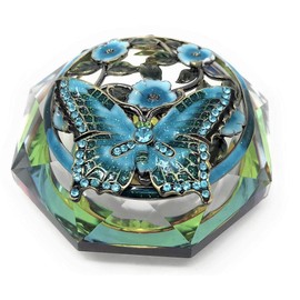 Kubla Crafts Enameled Aqua Butterfly and Flowers on Cut Glass Trinket Box, Accented with Austrian Crystals, 3 Inches Diameter