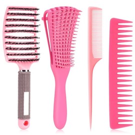Juego de Cepillos para Desenredar el Cabello,4 Cepillos para Cabello Rizado | Peine Curvo Cepillo, Cepillo de Peinado,Peine de Dientes Anchos y Peinado de Cola, para Pelo Fino y Grueso,Seco y Mojado