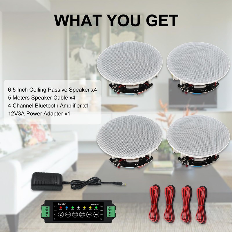 Herdio 6.5" 600 Watts Bluetooth Ceiling Speakers Wireless Home Recessed