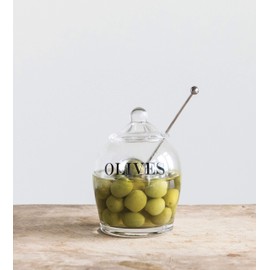 Creative Co-Op Clear Glass "OLIVE" Jar with Lid & Slotted Stainless Steel Spoon (Set of 3 Pieces including Lid)