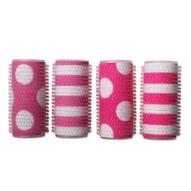 Mia Tonyrollers, Self Gripping Hair Rollers, Hair Curlers, Printed Pink and White Polka Dots + Stripes, For Women, Girls, Sleep Overs, Slumber Parties, BFFs, Small Size 4pc