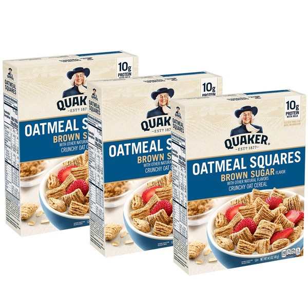 Quaker Oatmeal Squares Breakfast Cereal, Brown Sugar, 14.5oz Boxes (3 Pack)