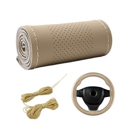 Dickno Car Steering Wheel Cover, Anti-Slip Stitch on Wrap Steering Wheel Protector for Max Diameter 15 Inch, DIY Sewing with Needle Thread, Universal Auto Accessories (Beige, Middle Hole)