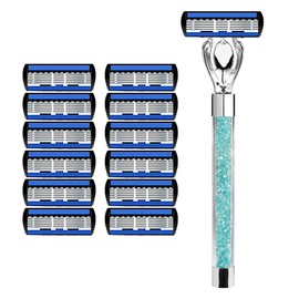 Premium Razor Handle with Crystal Gems, Chrome Finish, Blue 5-Blade Cartridge (blue-green)