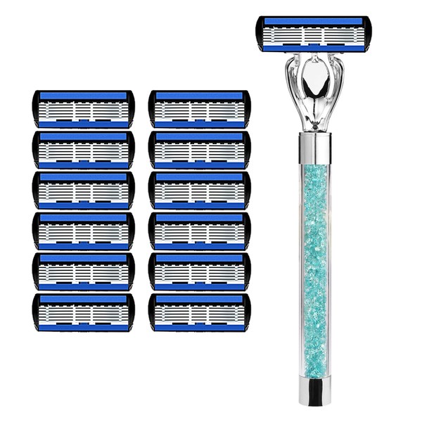 Premium Razor Handle with Crystal Gems, Chrome Finish, Blue 5-Blade