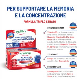 Equilibra, Memoria e Concentrazione, 30 Compresse Triplo-Strato, con Ferro, Zinco, Ashwagandha, Bacopa e Resveratrolo, Integratore Multivitamine e Minerali, Rilascio Graduale, Senza Caffeina