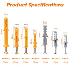 210pcs Rawlplug and Screw Set, Leryati 7 Sizes Wall Fixings Screws Rawl Plugs and Screws, Plastic Drywall Wall Anchors and Screws Kit, Screws and Wall Plugs Set for Wall Hanging and MountingTV Mount