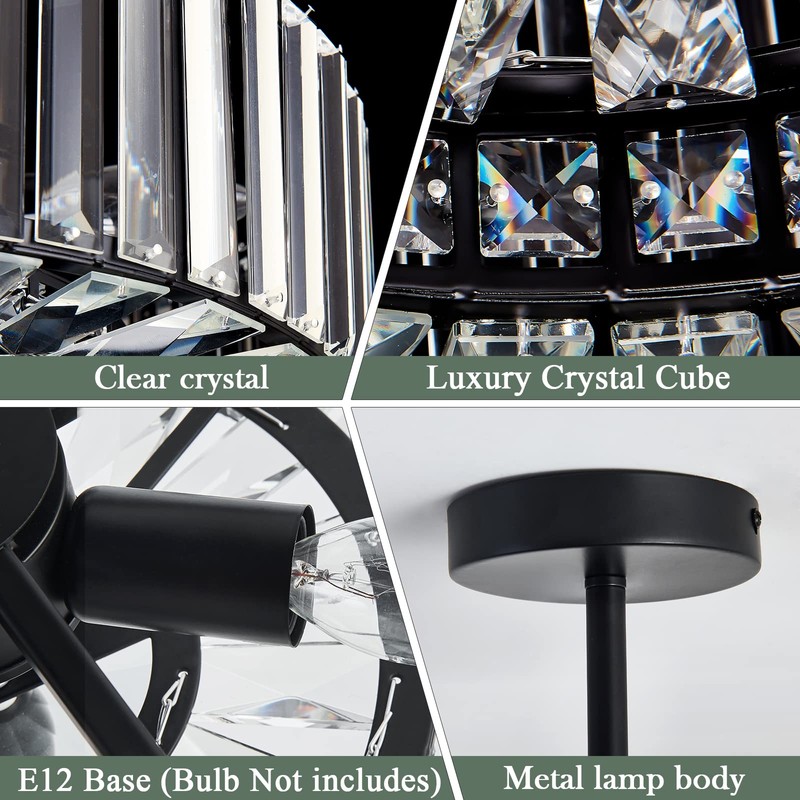DAFKOS 4 Lights Modern Crystal Chandelier Black Round Semi Flush