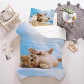 MUSOLEI Kitty Cat Single Duvet Cover Set for Kids Boys Girls Bedroom Bedding Set,Yellow Cat Pearl Blue Cute Bedding Bedspread, 135 X 200cm Quilt Cover and 50 x 75cm Pillowcase Set (2pcs)