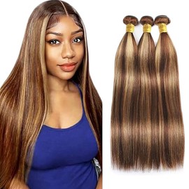 Creuost Real Hair Wig, Straight Human Hair Bundles, 100% Unprocessed Brazilian Hair, Long Hair, P4/27 Highlight Brown Hair Extensions, Weave, 3 Bundles, Total 300 g, 28 30 32 Inches