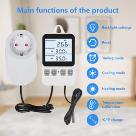 Digital Plug in Thermostat Socket, Heating, Cooling Electric Temperature Controller, Heating Cooling Switch with Sensor, for Incubation, Heating Mat, Reptiles, Greenhouses, Terrarium, 230 V 16 A