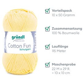 Gründl Cotton Fun Knitting Yarn / Crochet Yarn, (Soft Yarn Made from 100% Cotton, Oeko-Tex Certified, 50 g/115 m, Needle Size: 3-4, 10 Balls of 50 g), Pastel Yellow, 27.00 x 11.00 x 07.00 cm