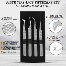 blume Eyelash Extension Tweezers Set of 4 Pieces- Stainless Steel False Eyelash Applicator, Eyelash Extensions Tweezers for Easy Lash Application and Removal-Stainless Steel (BM-048)