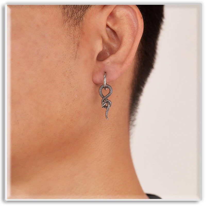 Xusamss Gothic Stainless Steel Snake Dangle Hoop Earrings for Women(White)