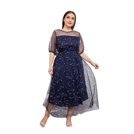 Sparkle Floral Embroidery Dress for Women Flower Embroidered Maxi Dress Plus Size Shiny Mesh 1/2 Sleeve Empire Waist Wedding Guest Dress Illusion Evening Cocktail Long Maxi Dress Navy Blue-Sparkly XL