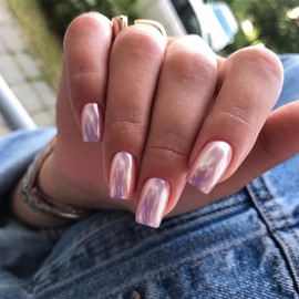 Aurora Light Pink Chrome Press on Nails Short Square,SXVME Gold Nail Fake Nails Medium Plating Mirror Metal Acrylic Nails,False Nails Metallic Nails Press ons Medium Length,Shiny Nail Glue on in 24PCS