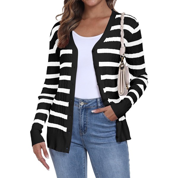 YUNDAI Womens Stripe Cardigans V Neck Long Sleeve Lightweight Button