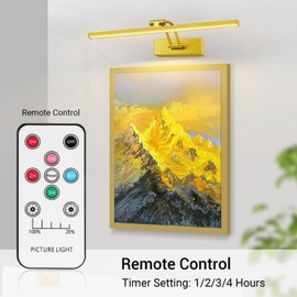 Elavika 2 Pack Picture Light Battery Operated for Wall, 12" Wireless Art Light with Remote, Rechargeable LED Lighting, Dimmable, Timer for Library Gallery Display Frame Painting, Gold