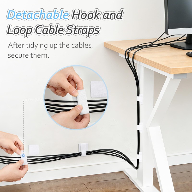 Cable Management Under Desk Detachable Cable Straps, White, 20 Pack