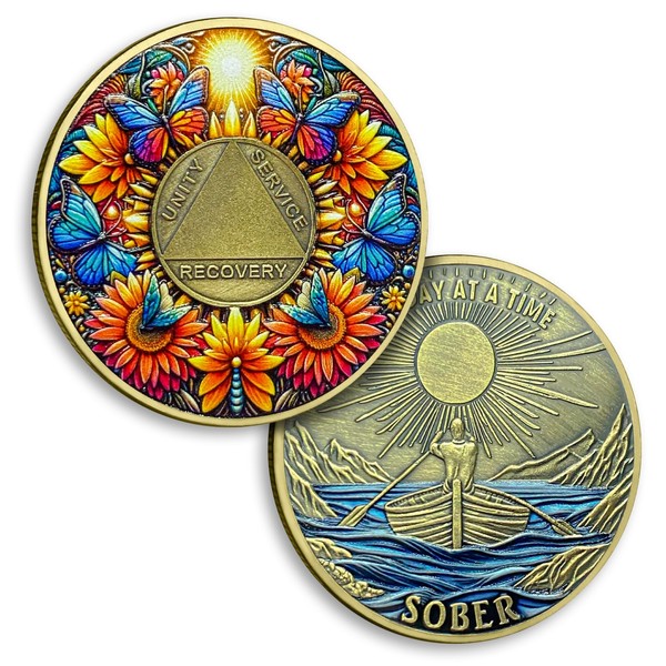 Colorful Sunflower Sobriety Coin Butterfly AA Chips and Medallion One