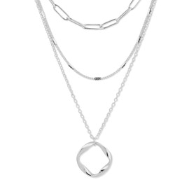 Mikovivi Multi Layer Necklace for Women, Stackable Long Trendy Paperclip Strip Chain Twisted Circle Pendant Charm Stacked Necklace for Women Jewelry Gift(Silver)