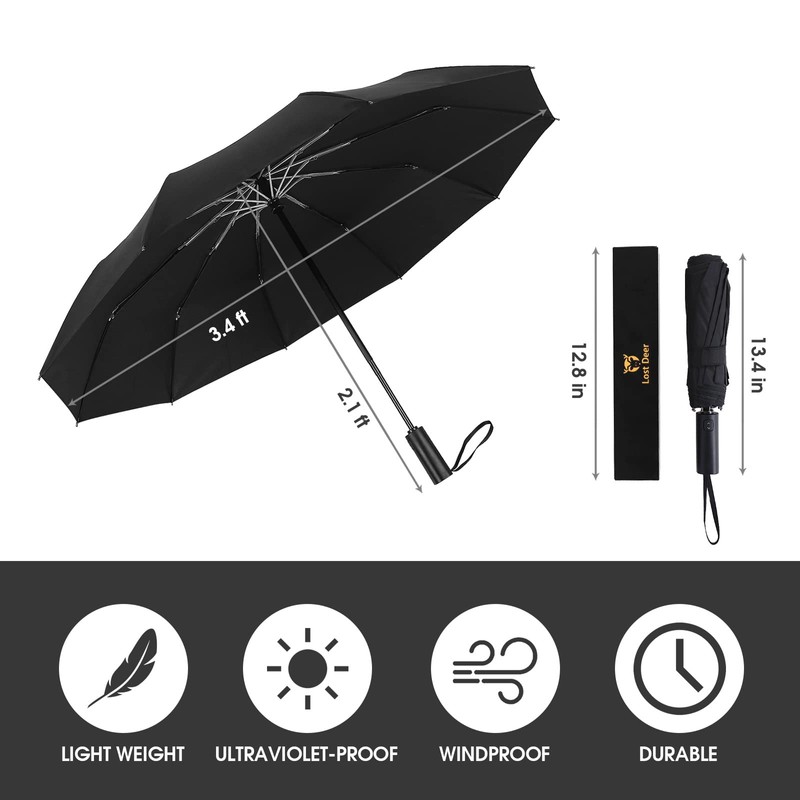 Lost Deer Compact Folding Windproof Umbrella, Red with Automatic Folding