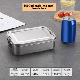 PCXWTLN Stainless Steel Lunch Box, 1400ml Bento Box with 2 Removable Compartments, Eco-Friendly Metal Lunch Box, Food Storage Containers, Leak-Proof and Dishwasher Safe (1400ml + 2 Compartments)