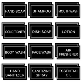 Waterproof Labels for Bottles Bathroom Kitchen 24 PCS Minimalist Organization Removable Labels for Hand Soap Shampoo Body Wash(Black)