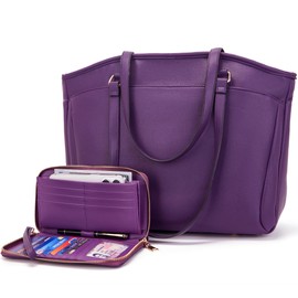 YZAOLL 15.6 Inch Laptop Tote Bag for Women,Water-resistant Vegan Leather with Anti-Scratch Padded Sleeve,Lightweight Multi-Pocket Work Bag for Business Travel,College,Office Essentials,Purple