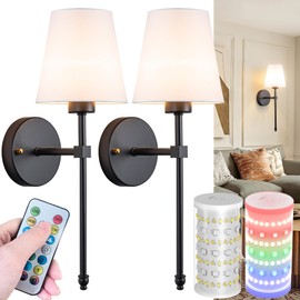 Wall Sconces Set Of Two Battery Operated, Wireless Sconces Wall Lighting Indoor Battery Operated Sconces With Remote Control, 10000mAh RGB Dimmable Rechargeable Wall Sconce For Bedroom, Including Bulb