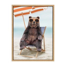 Kate and Laurel Sylvie Beach Chair Bear Framed Canvas Wall Art by Amy Peterson Art Studio, 18x24 Natural, Colorful Beach Animal Wall Decor