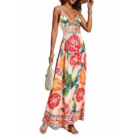 winkbay Women's Boho Floral Maxi Dress Summer Deep V Neck Flowy Sundress Beach Vacation Outfits Multicolor Medium