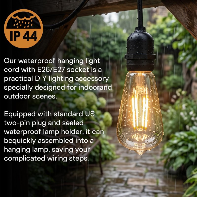 10FT E26/E27 Waterproof Pendant Lamp Cord with Ceiling Hooks &