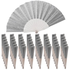 48 Pack Handheld Fan,Folding Hand Glitter fan with Shining Transparent Fan Rib – Ideal for Wedding, Church, Festival, Dance, Tea Party, Club, and EDM Accessories, Silvery
