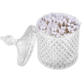 Colorful Home Decorative Jar Qtips Holder Dispenser Glass Storage Container Bathroom Counter Vanity Organizer for Bath Salts/Swabs/Rounds Makeup Sponges Toothpick Jewelry(Transparent,10 oz,2pcs)