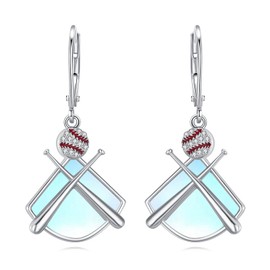 Baseball Earrings Sterling Silver Sports Dangle Earrings Moonstone Softball Earrings Dangling Jewelry Gifts for Women (Moonstone Baseball Earrings)