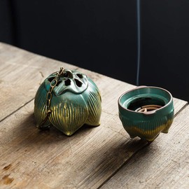 Primst Lotus Furnace Hollow Hanging Ball Incense Burner, Ceramic Backflow Incense Cones and Incense Coil Holder for Home Office Ornament Decoration