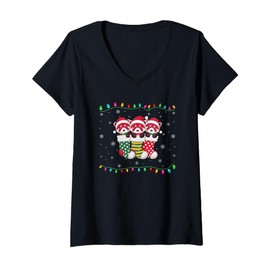 Womens Xmas Tree Lights Funny Red Panda in Christmas Socks V-Neck T-Shirt